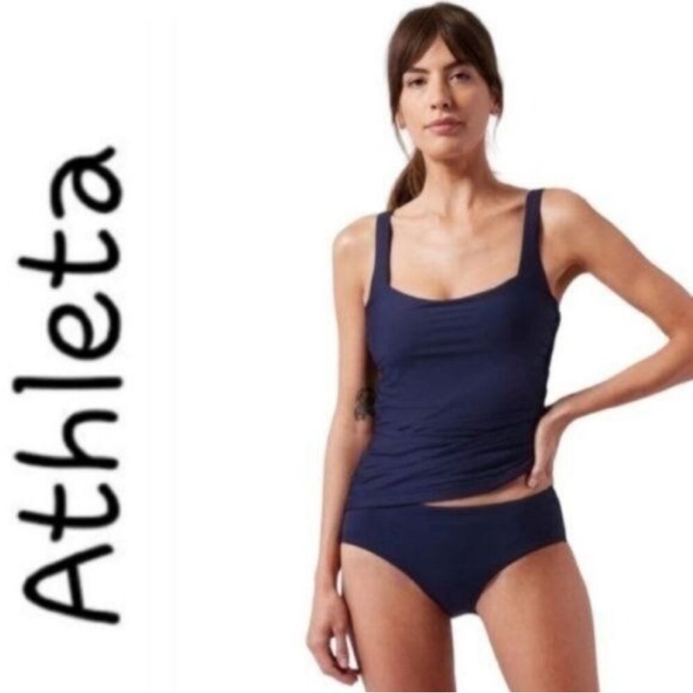Athleta Square Neck Bra Cup Swim Tankini Top Blue UPF 50 32 D/DD New